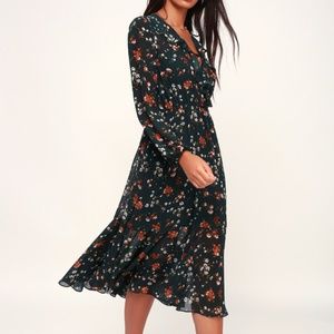 Lulu's Green Floral Print Long Sleeve Midi Dress